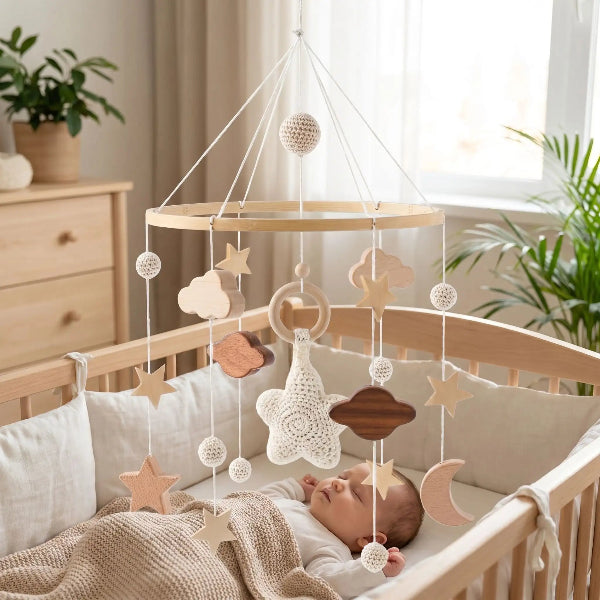 Mobile bébé étoile en bois au-dessus du berceau