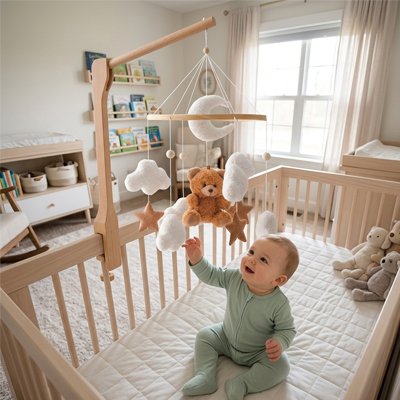 Mobile bébé étoile en bois suspendu attirant l'attention d'un bébé dans son lit
