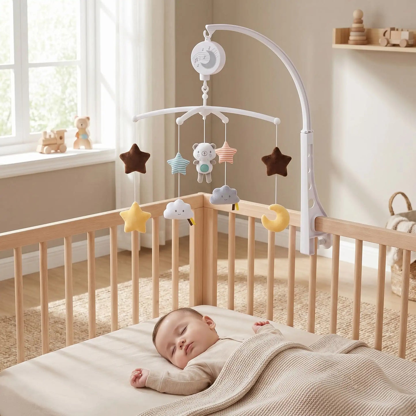 Mobile bébé étoile suspendu au-dessus d’un berceau