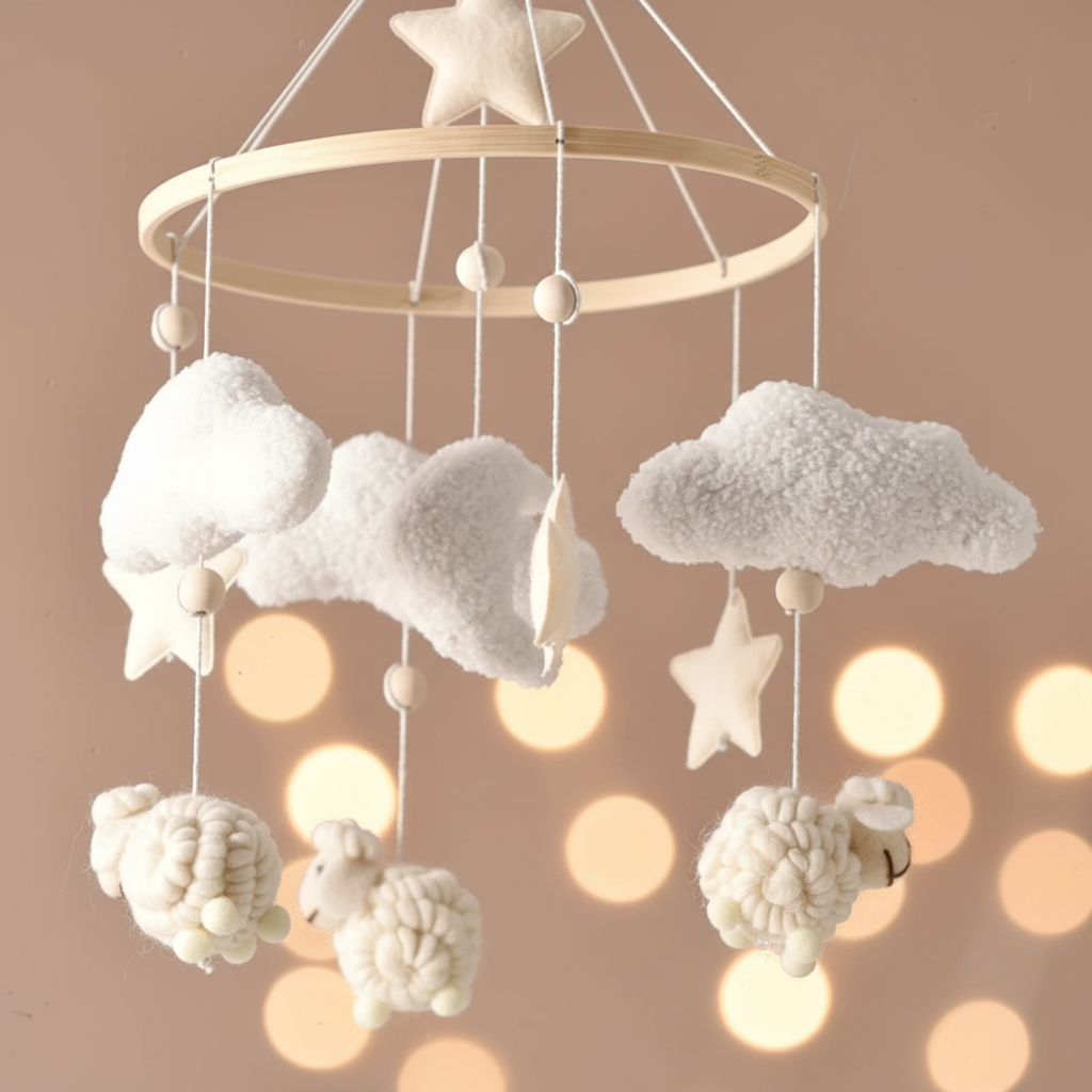Mobile en bois bébé avec moutons, nuages et étoiles