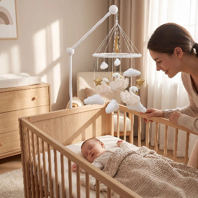 Mobile en bois bébé cygne suspendu au-dessus du berceau