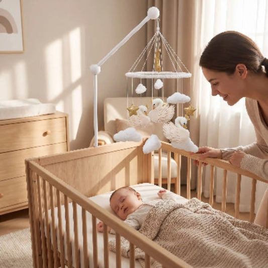 Mobile en bois bébé cygne suspendu au-dessus du berceau