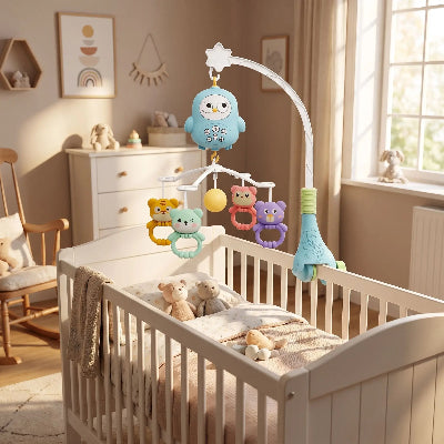 Mobile musical bébé avec projection installé au-dessus du berceau