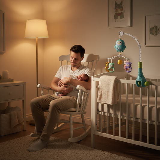 Mobile musical bébé hibou turquoise installé sur un berceau blanc – papa berçant son nouveau-né dans une chambre cosy