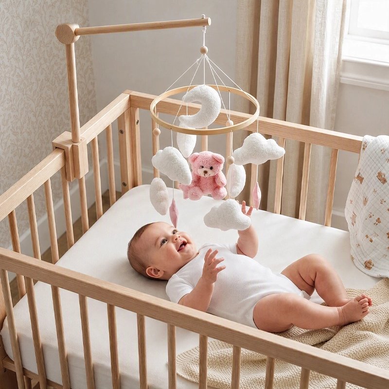 Mobile ourson rose en bois installé sur le lit