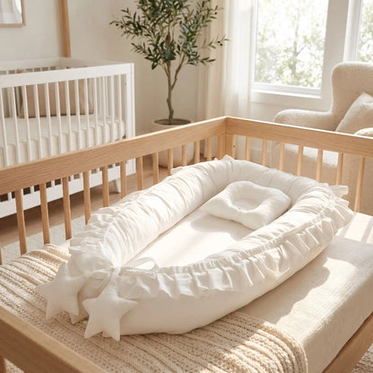 Nid bébé blanc à volants posé dans un lit à barreaux