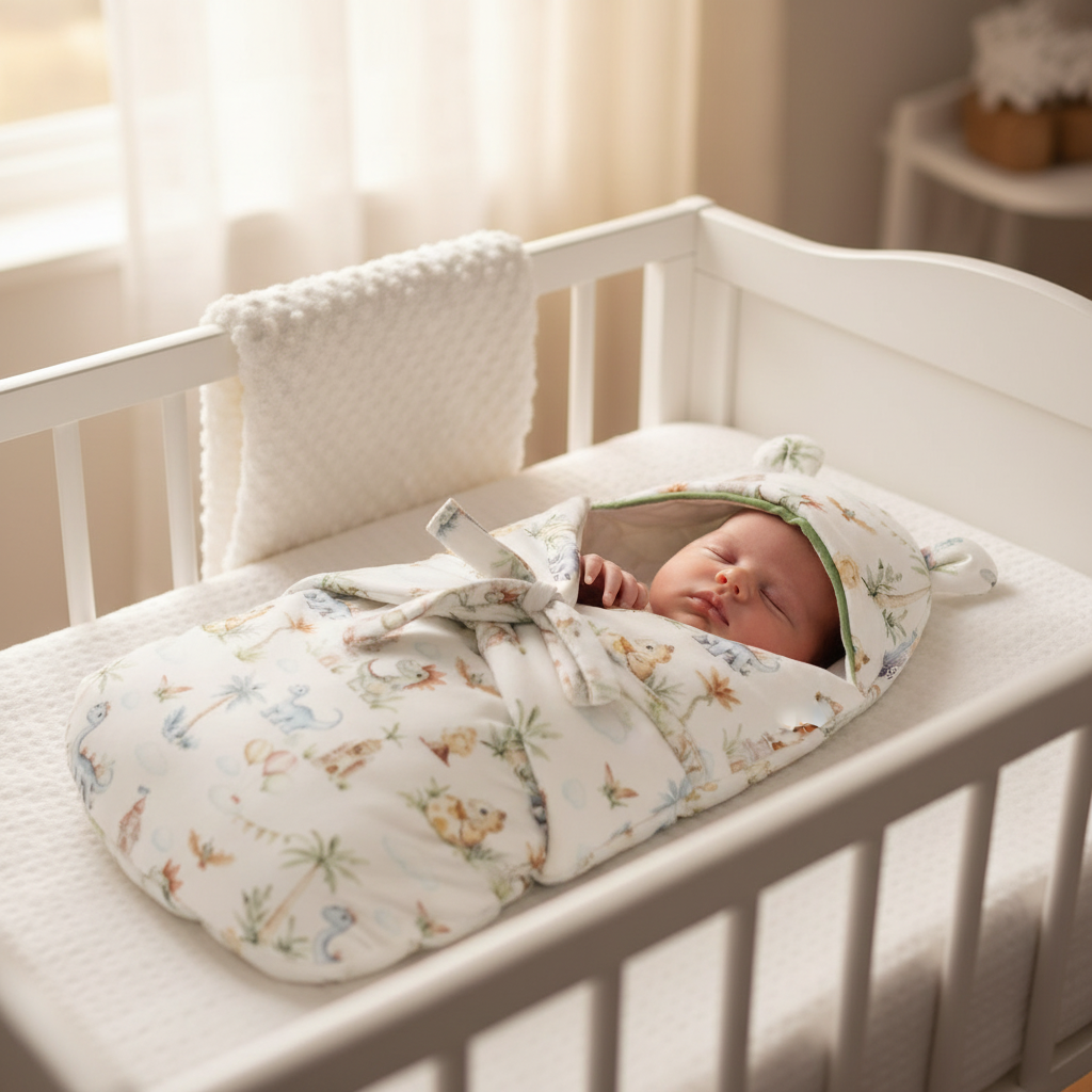 Nid d'ange bebe emmailloté dans son lit