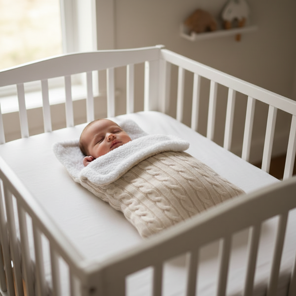 Nid d'ange tricot beige dans le lit bébé