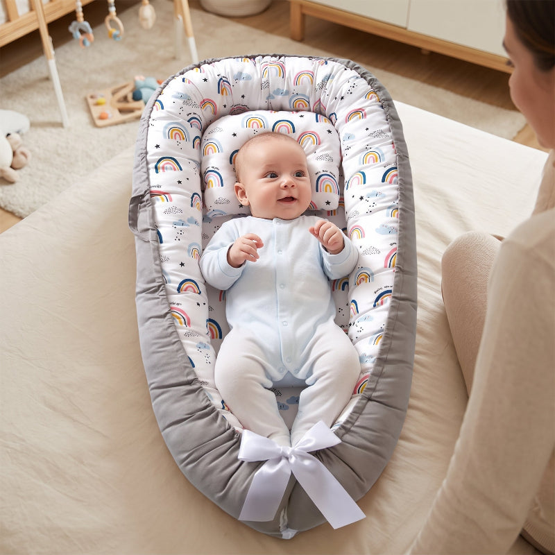 Nid de bébé arc-en-ciel avec bébé éveillé allongé sur le dos