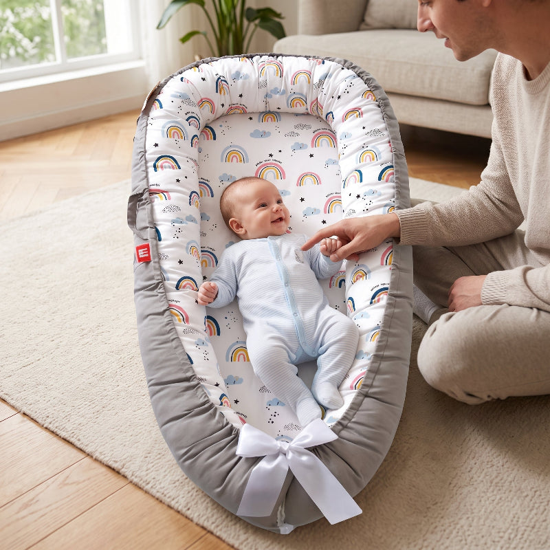 Nid de bébé arc-en-ciel avec housse en coton et tour gris