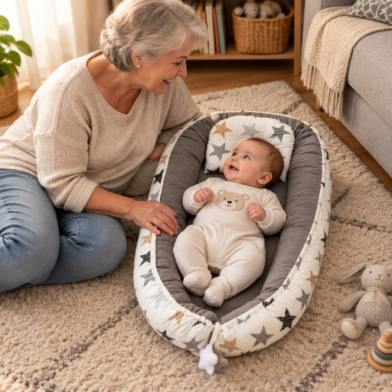 Nid douillet bébé chez mamie, bébé éveillé dans son nid étoilé