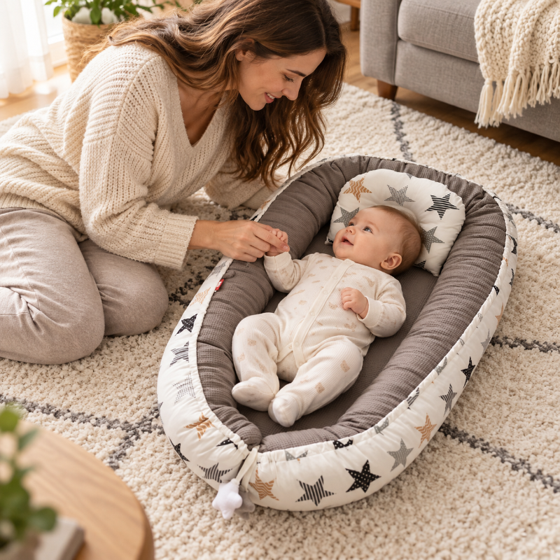 Nid douillet bébé sur un tapis, maman à genoux près de bébé