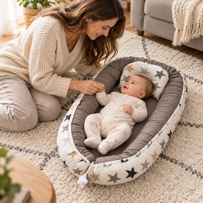 Nid douillet bébé sur un tapis, maman à genoux près de bébé
