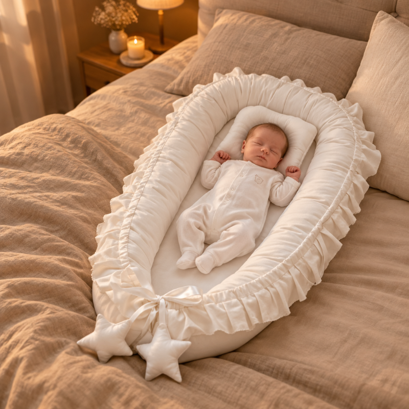 Nouveau-né couché sur le dos dans un nid bébé gris