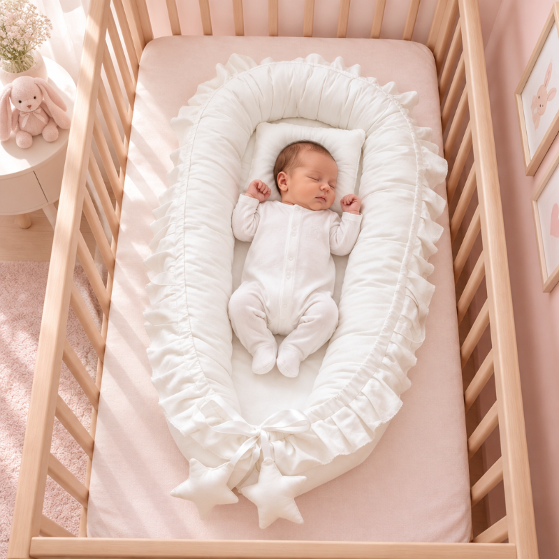Nouveau-né dans un nid bébé blanc à volants