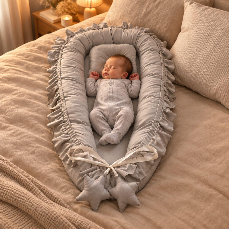 Nouveau-né dans un nid bébé gris à volants