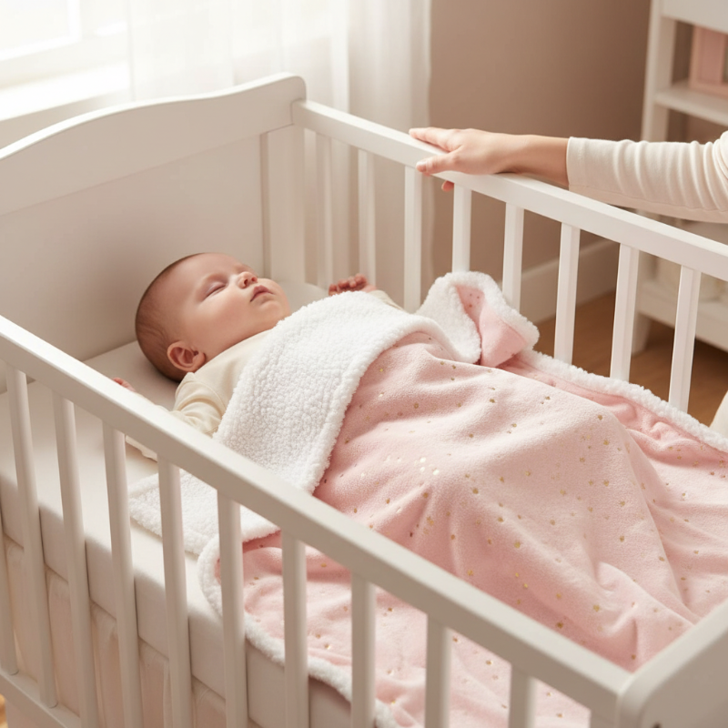 Nouveau-né dormant au chaud sous sa couverture étoile pour bébé rose.