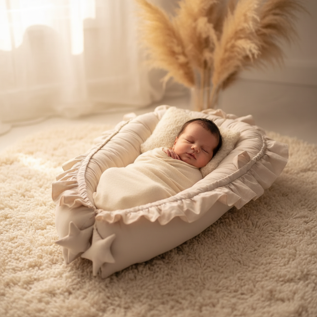 Nouveau-né dormant dans le réducteur de lit respirant beige à volants et étoiles, posé sur un tapis moelleux crème

