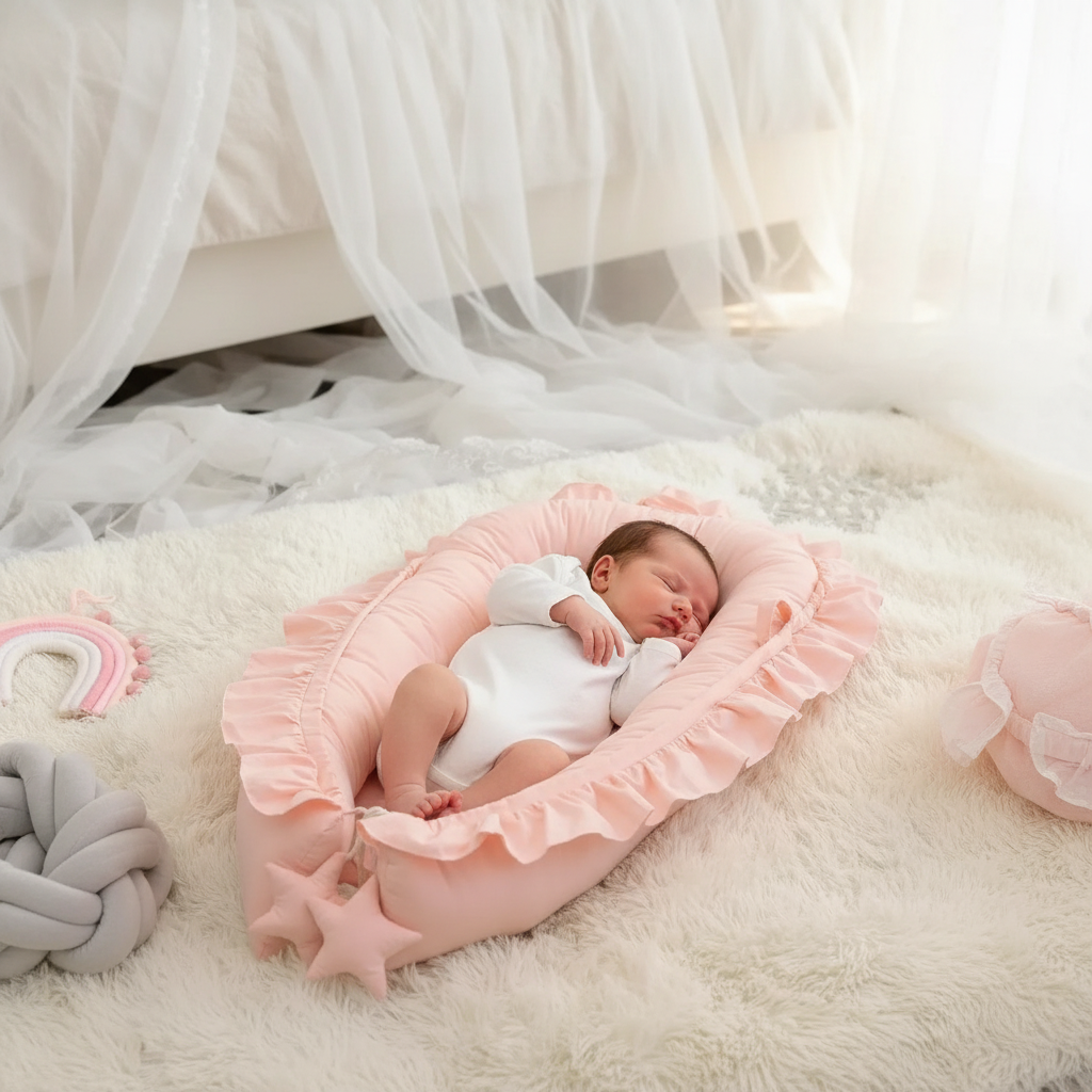 Nouveau-né dormant dans le réducteur de lit respirant rose poudré à volants et étoiles, ambiance chambre bébé féminine