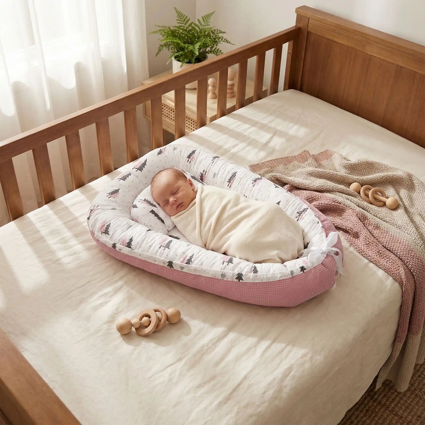 Nouveau-né endormi dans le réducteur de lit évolutif rose en coton doux, nid bébé respirant sécurisé