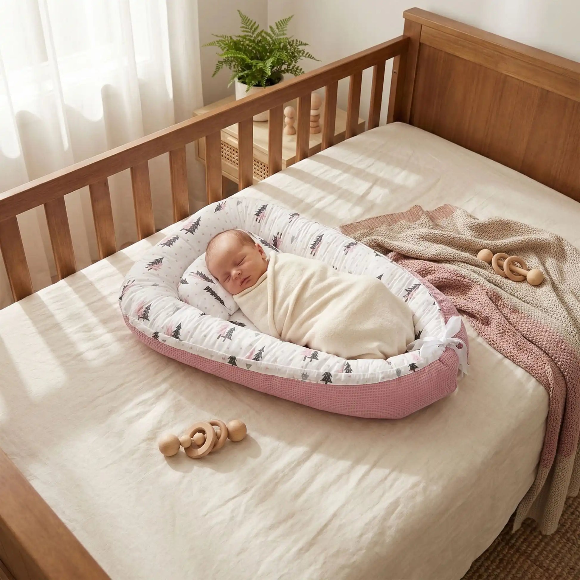 Nouveau-né endormi dans le réducteur de lit évolutif rose en coton doux, nid bébé respirant sécurisé