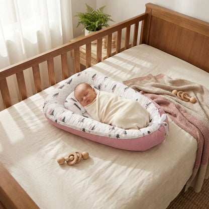Nouveau-né endormi dans le réducteur de lit évolutif rose en coton doux, nid bébé respirant sécurisé