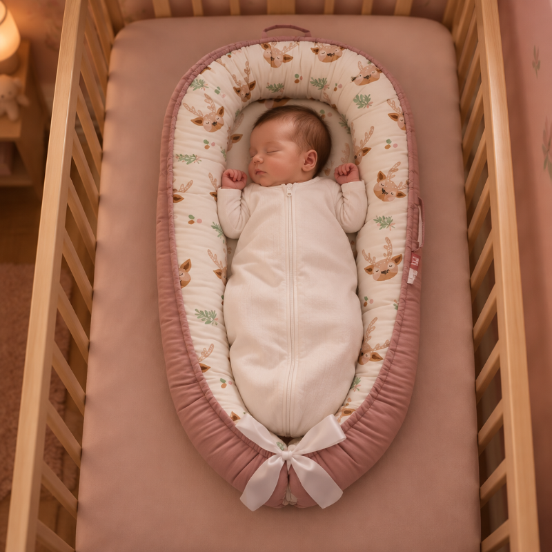 Nouveau-né endormi sur le dos dans un cocon bébé rose