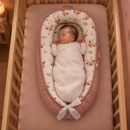 Nouveau-né endormi sur le dos dans un cocon bébé rose