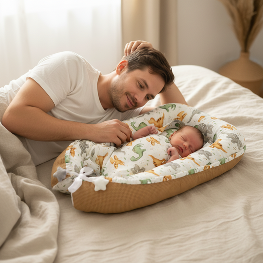 Papa et Bébé endormi dans un réducteur de lit évolutif en coton