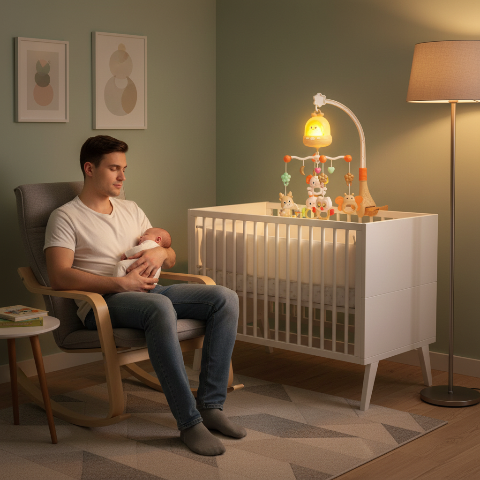 Papa et bébé dans une chambre avec le mobile bébé musical et lumineux allumé en fond.