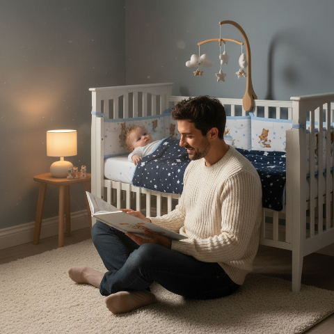 Papa lisant une histoire du soir à son enfant dans son lit équipé d'un tour de lit bébé respirant