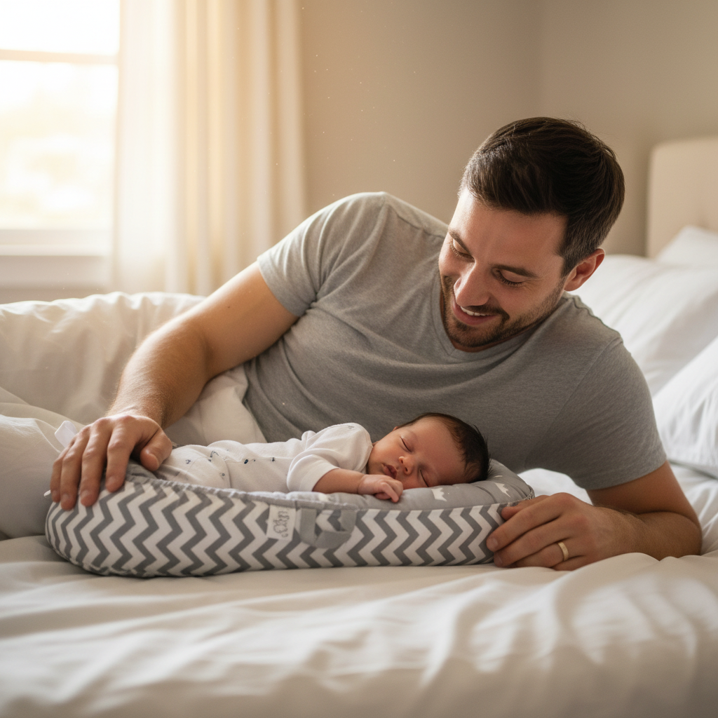 Papa souriant regardant son nourrisson endormi dans le réducteur de lit respirant gris, usage cododo sécurisé