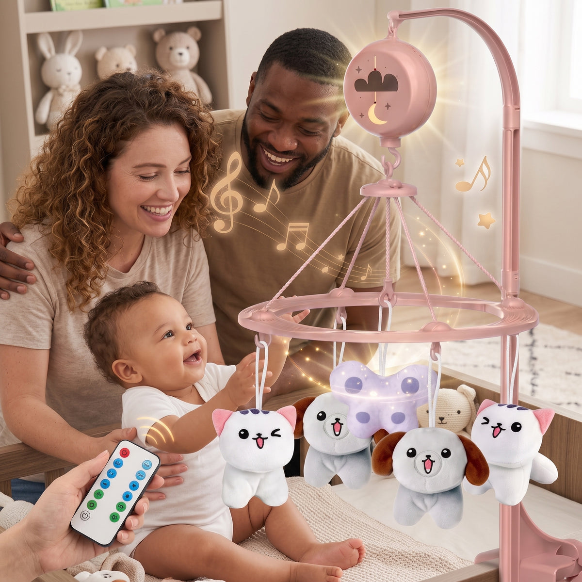 Parents et bébé profitant du mobile bébé musical et lumineux.