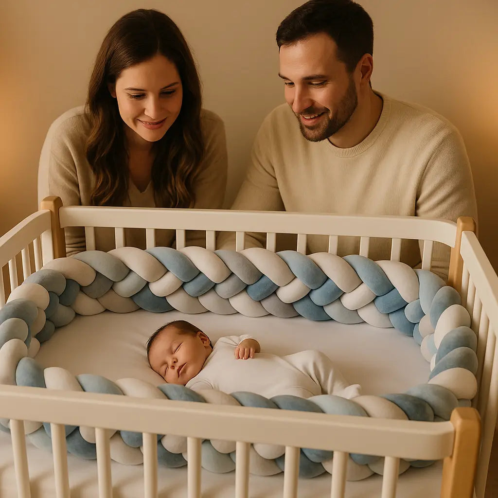 Parents heureux regardant leur bébé qui dort dans un lit avec tour tressé Bleu Blanc Gris