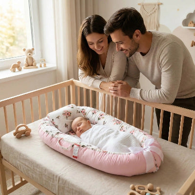Parents observant leur bébé qui dort dans un reducteur de lit