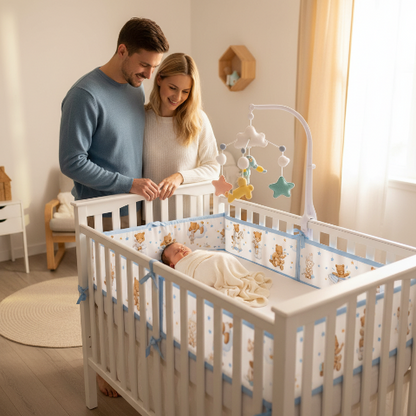 Parents rassurés à côté du lit de leur enfant protégé par un tour de lit bébé respirant