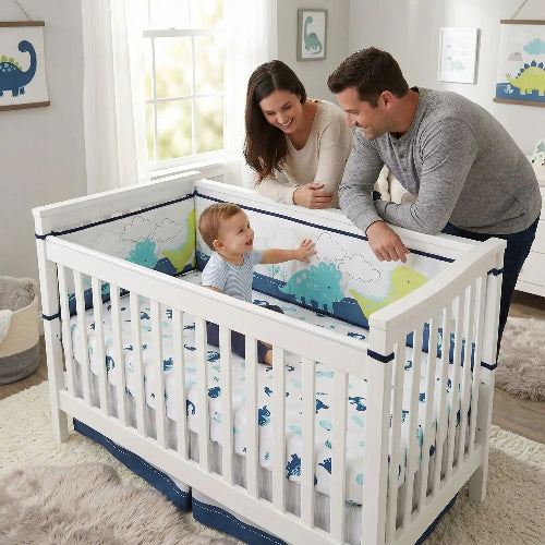 Parents regardant leur bébé garçon dans son lit avec un tour de lit dinosaure