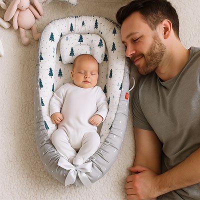 Père à côté de son bébé qui dort dans un réducteur de lit bébé sapin de Noël
