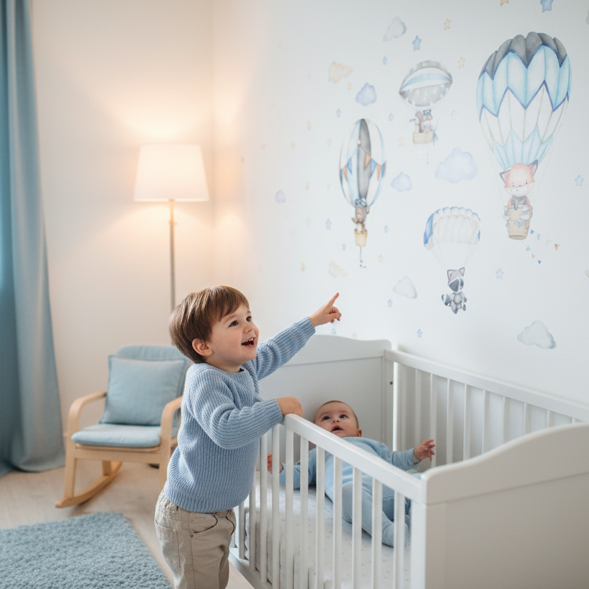 Petit garçon admirant des stickers muraux enfant montgolfières et nuages collés au-dessus de son lit.