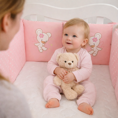 Petite fille dans un lit bébé avec tour de lit rose.