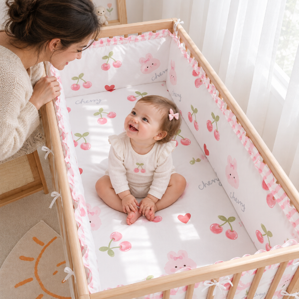 Petite fille souriante assise dans le lit avec le tour de lit cerises et lapins, qui regarde sa maman