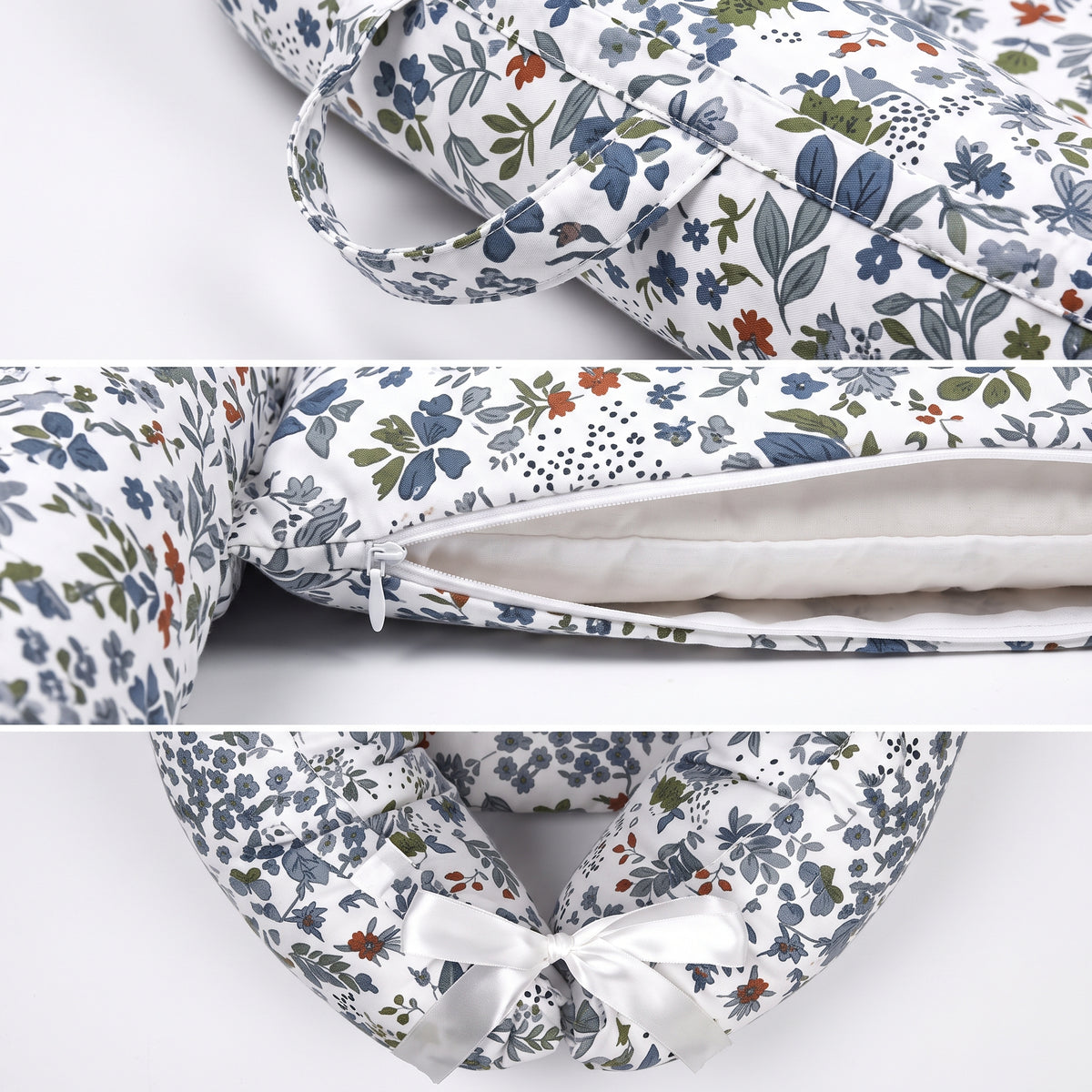 Réducteur de lit bébé imprimé Bouquet Bleu, détails zip et nœud
