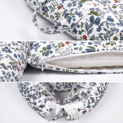 Réducteur de lit bébé imprimé Bouquet Bleu, détails zip et nœud