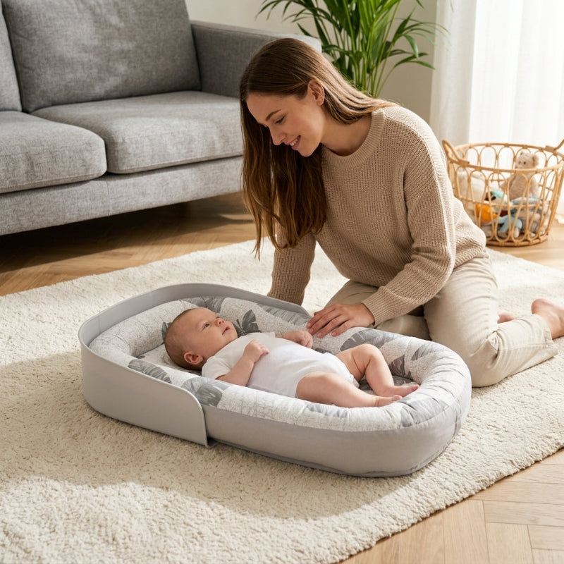 Réducteur de lit bébé pliable au sol, maman à genoux près de bébé