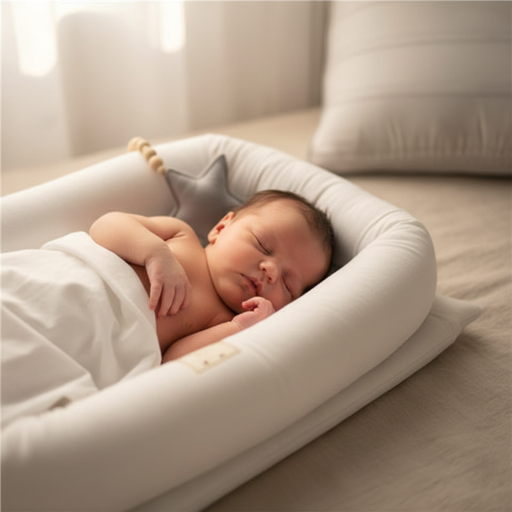 Réducteur de lit respirant bébé blanc uni avec étoile grise et pompons, posé sur lit beige
