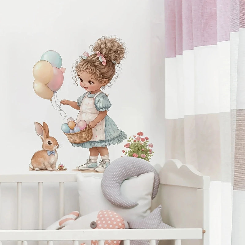 Sticker mural fillette lapin sur mur chambre bébé