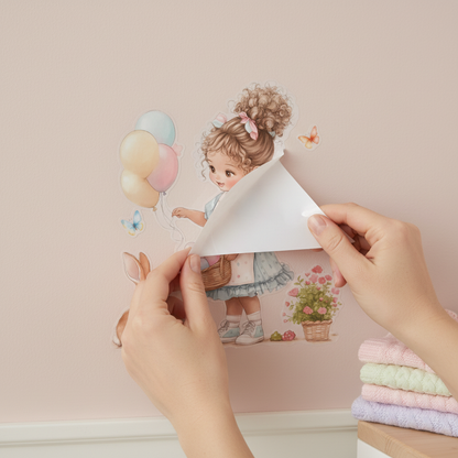 Sticker mural fillette pose mur rose lit bébé