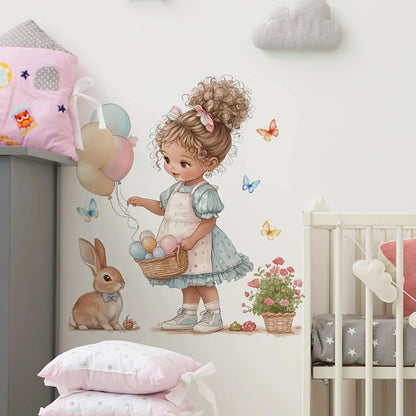 Sticker mural panier fleurs chambre bébé lit barreaux