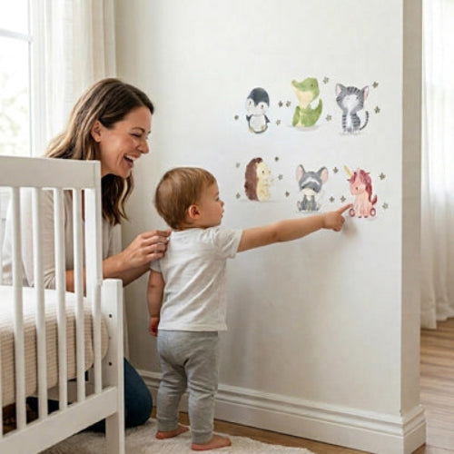 Sticker repositionnable chambre bébé appliqué près du lit à barreaux