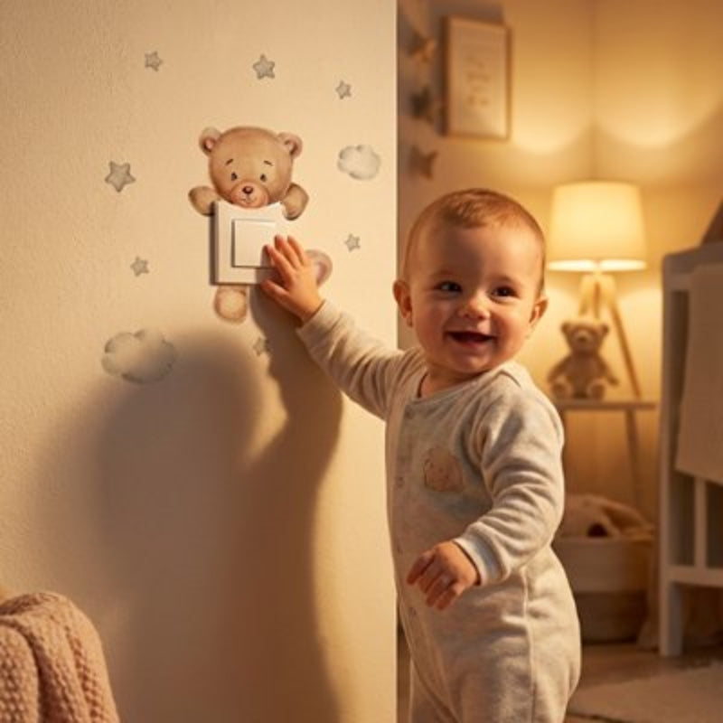 Stickers ourson sur le mur d’une chambre, montrés du doigt par un bébé